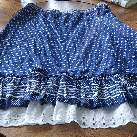 Navy Blue Floral Midi Skirt with White Lace Trim - Picture 1 of 8